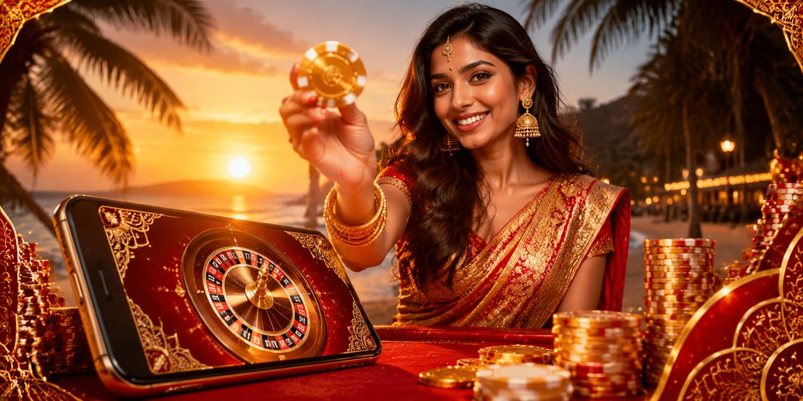 Casino app promotion at Goa beach with red and gold theme