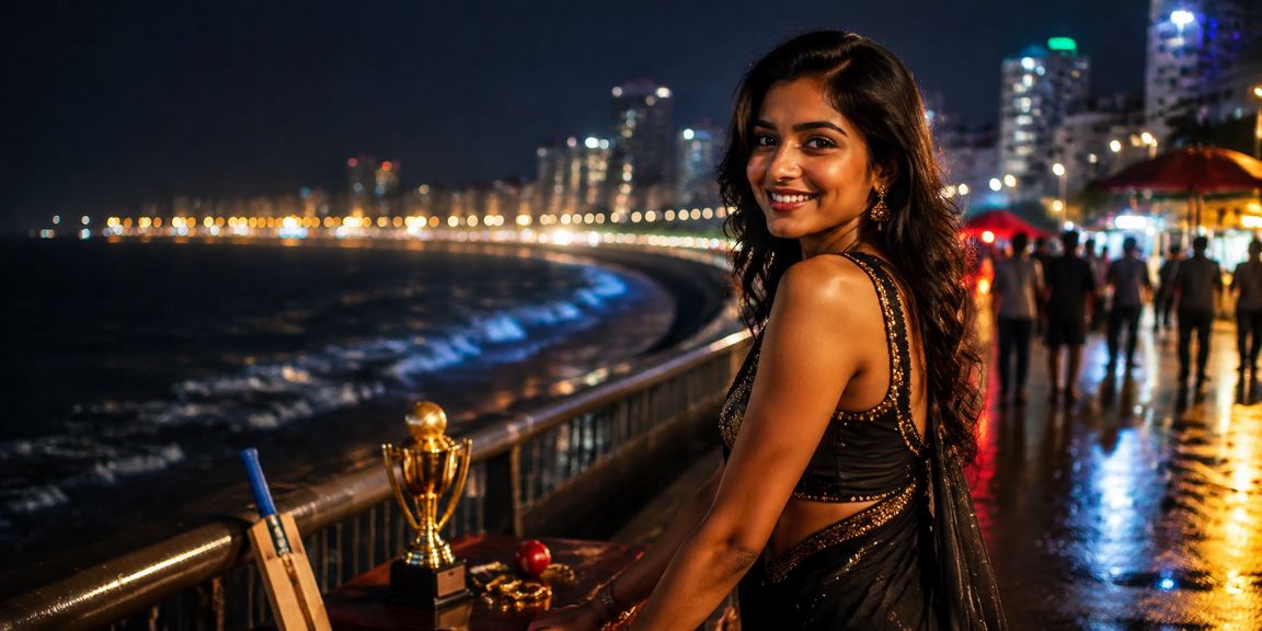 Mumbai Marine Drive at night with cricket betting theme